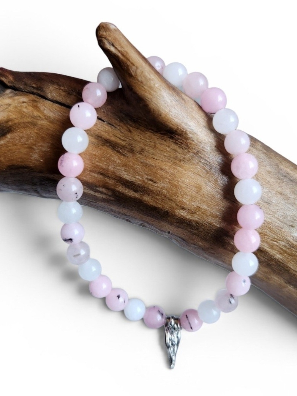 Pink Quartz Natural Stone Beaded Bracelet with Silver Heart Charm